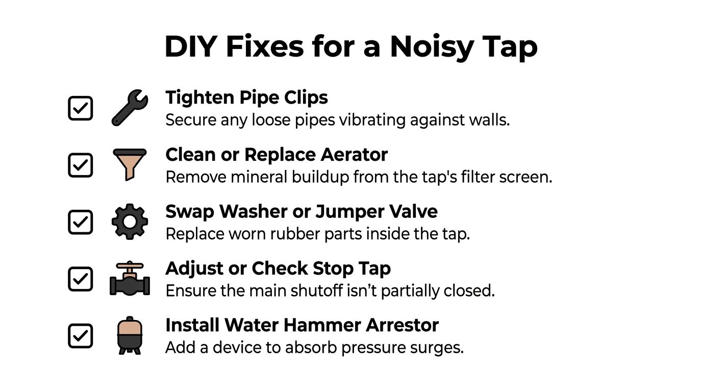A list of DIY tips to fix a noisy tap, including tightening pipes, cleaning aerators, and installing arrestors.