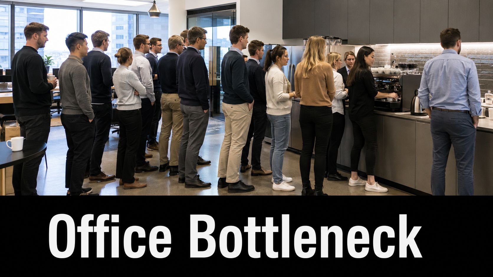 A long line of office employees waiting patiently for coffee in a modern, professional corporate office kitchen.