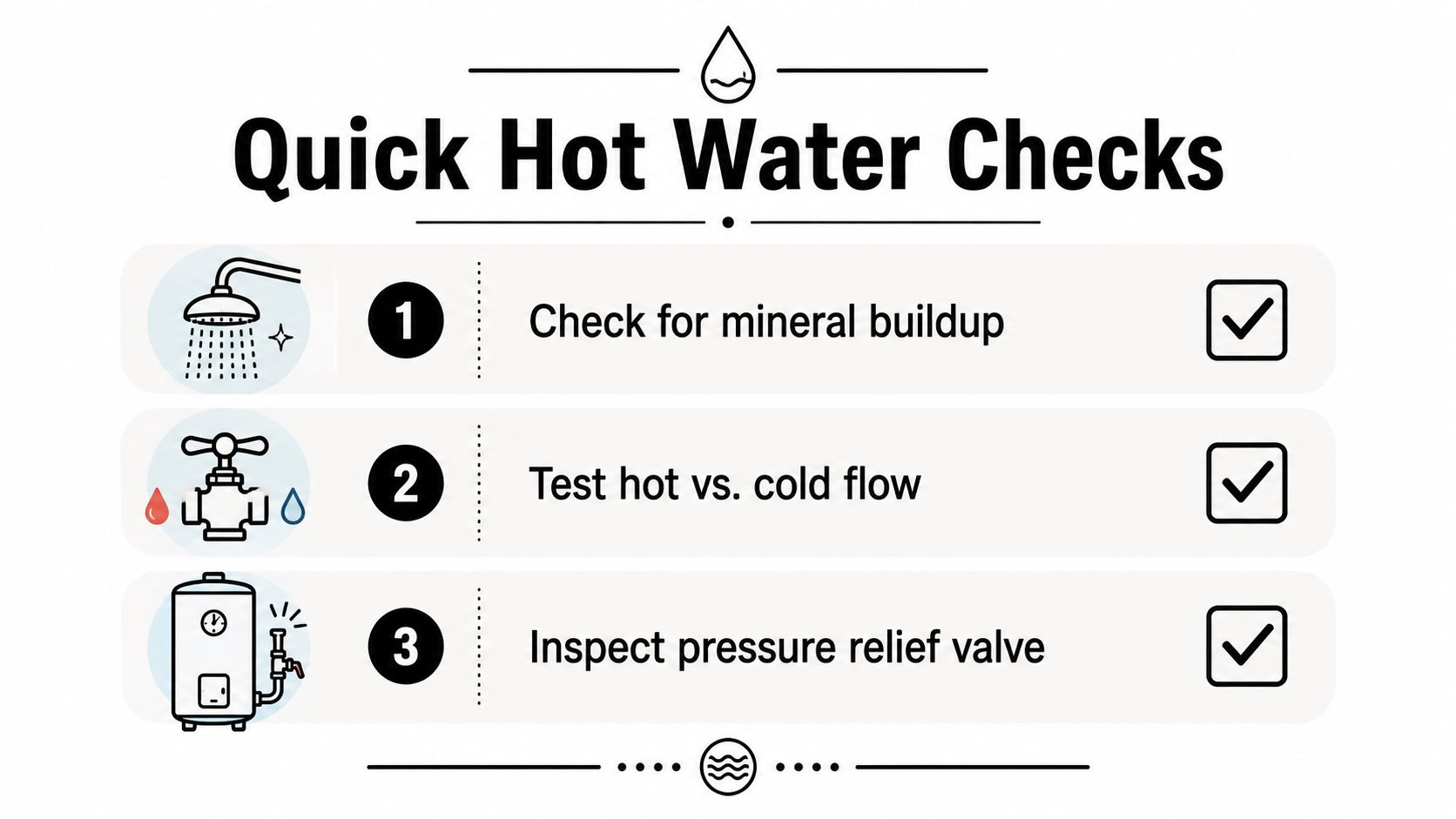 A checklist titled Quick Hot Water Checks showing three steps for testing and inspecting household plumbing fixtures.