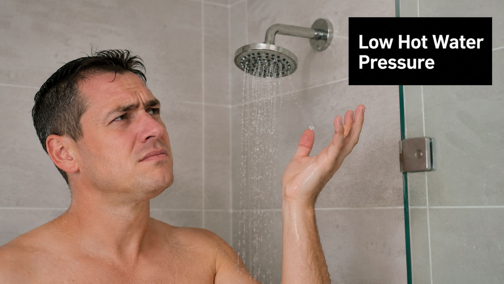 A frustrated man standing in a shower with low hot water pressure, checking the flow with his hand.