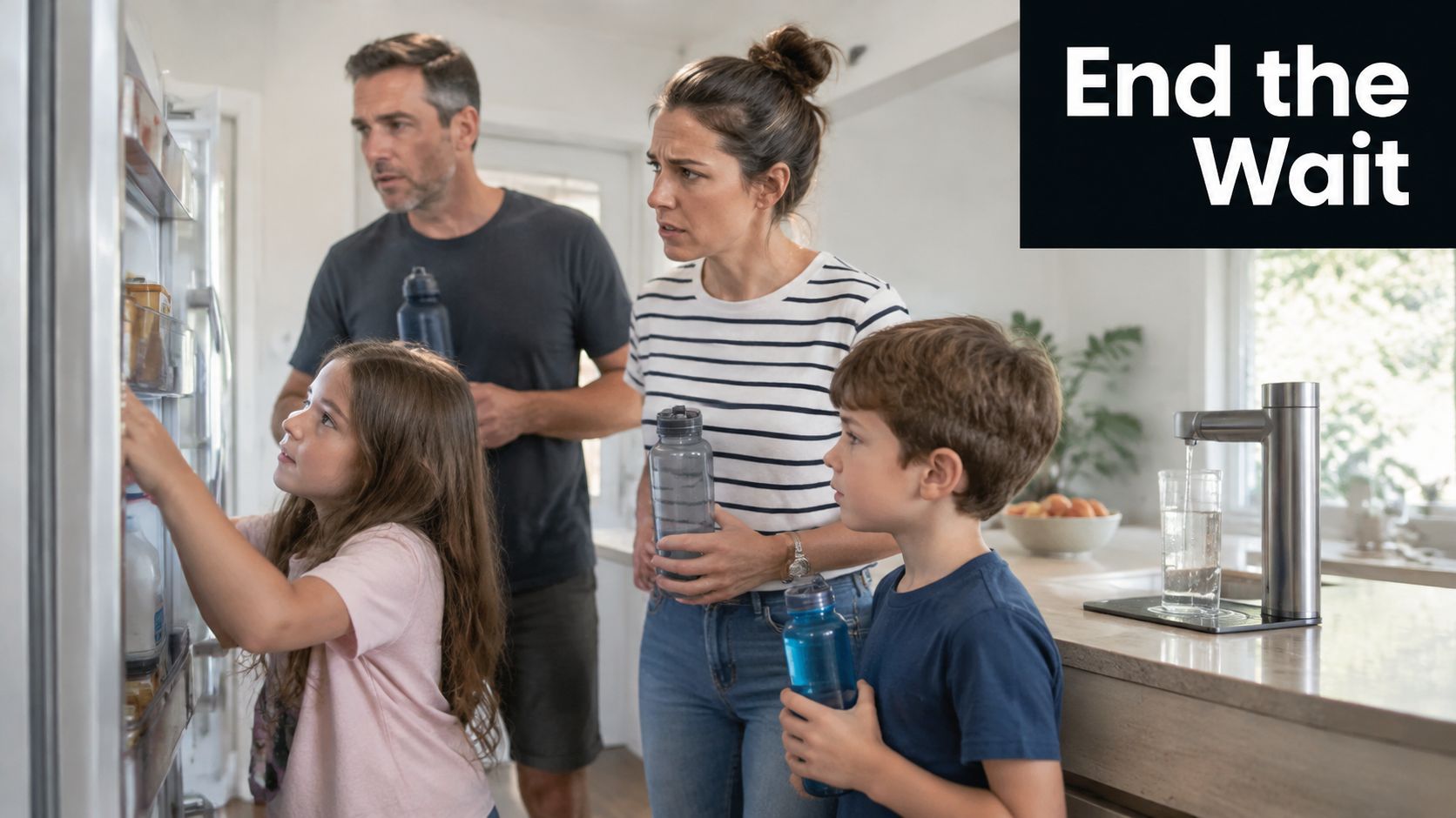 A family of four looking at a modern instant chilled water system in their kitchen.