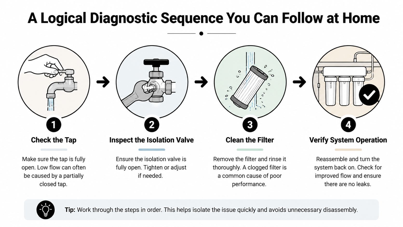 A four-step infographic illustrating a logical diagnostic sequence for troubleshooting household water system flow issues.