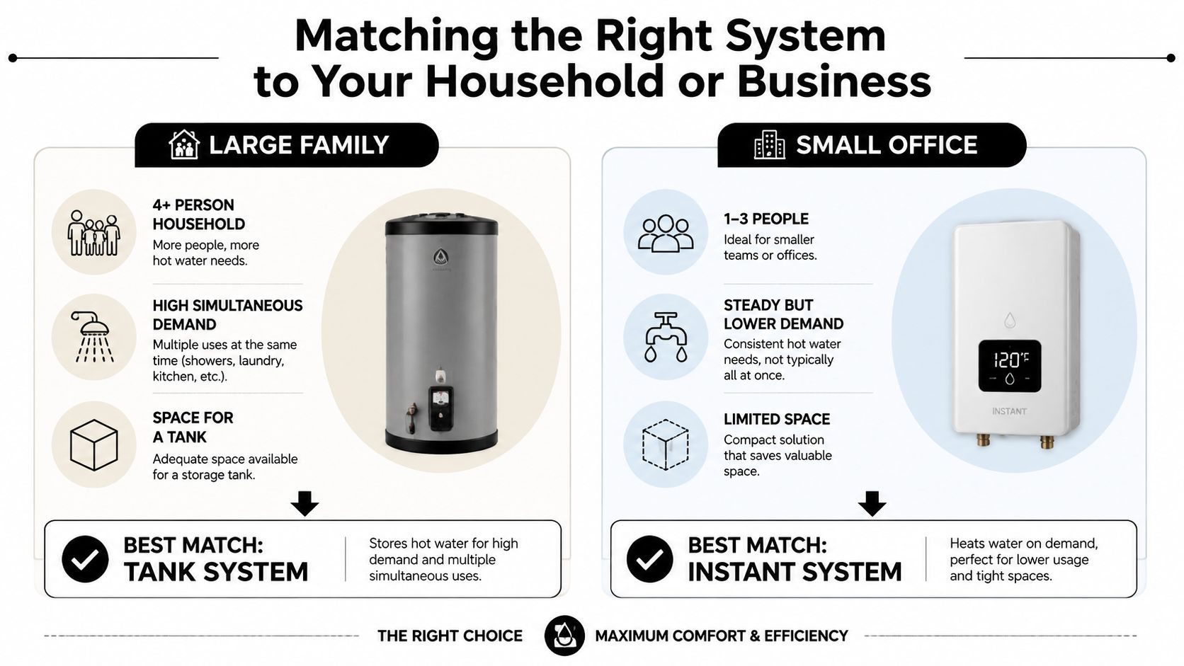 A comparison chart showing when to choose a tank water heater versus an instant, tankless system.