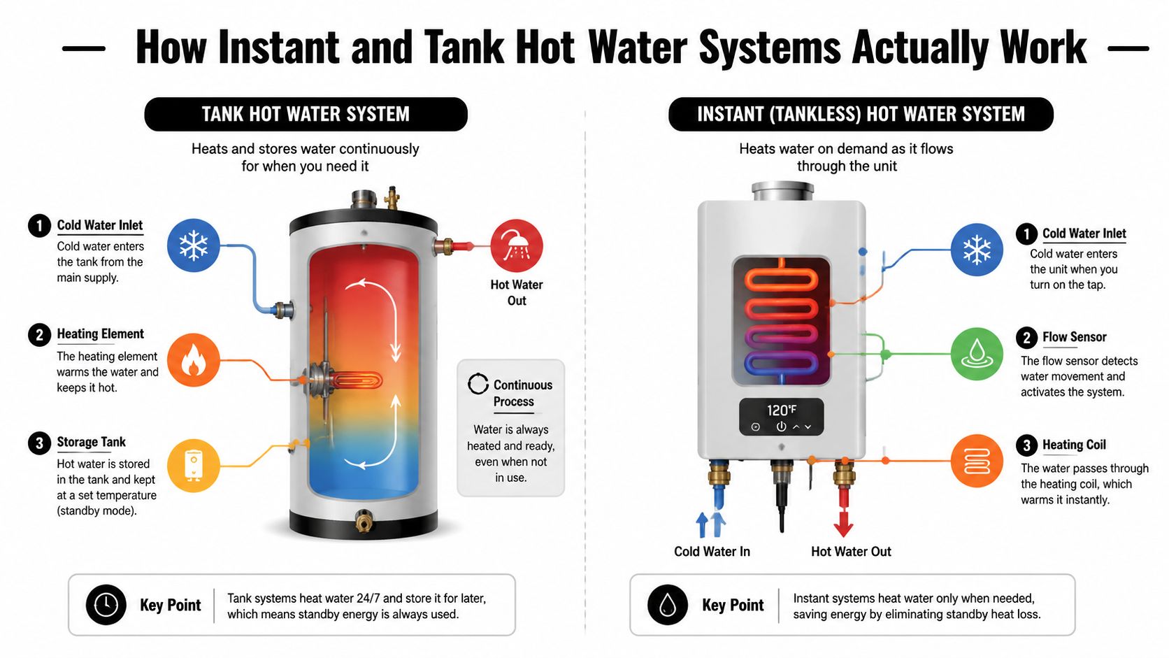 A side-by-side comparison diagram showing how traditional tank water heaters and modern tankless heating systems operate.
