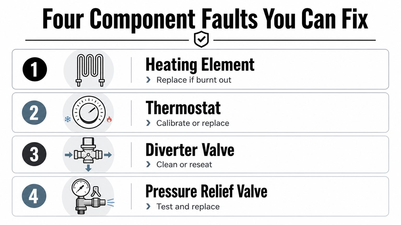 A diagram illustrating four common appliance component faults that can be repaired: heating element, thermostat, diverter valve, and pressure relief valve.