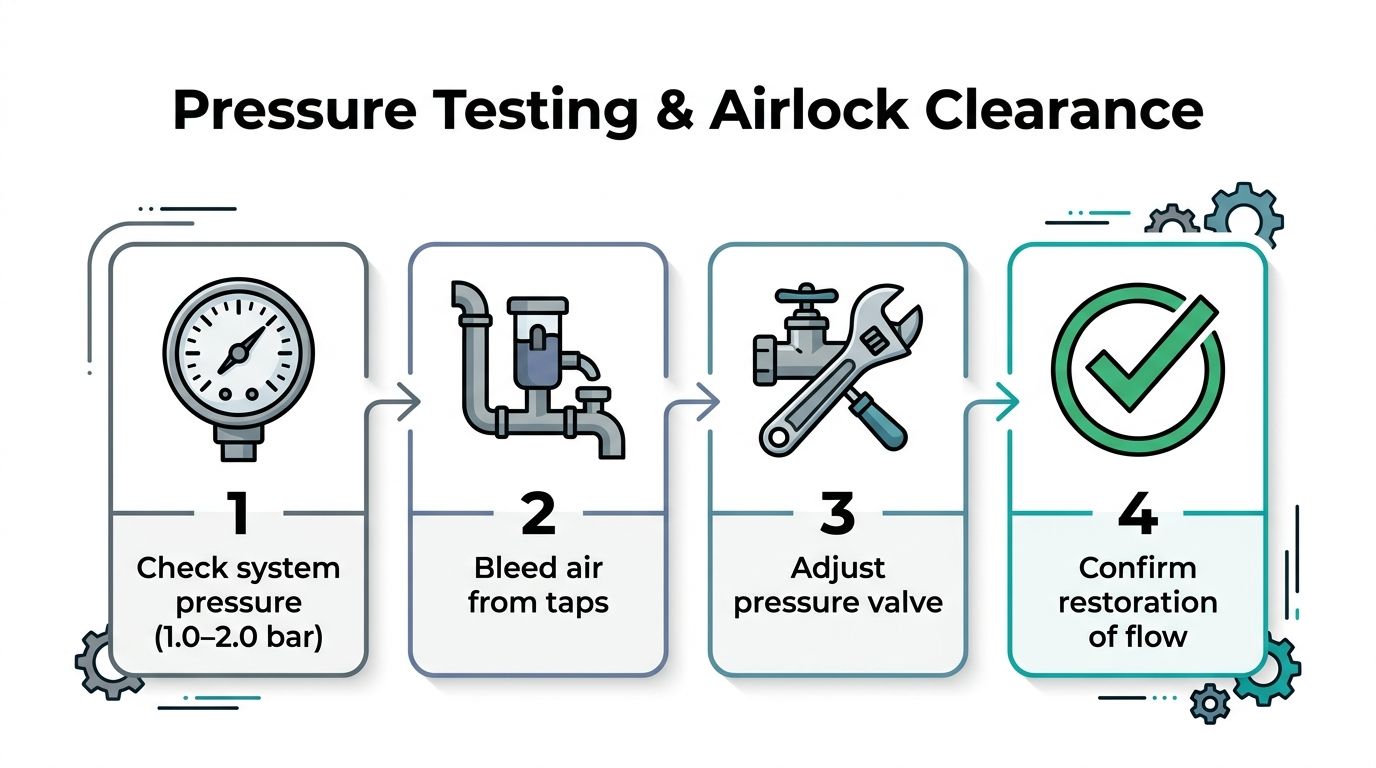 A four-step infographic illustrating the process of pressure testing a system and clearing airlocks from pipes.
