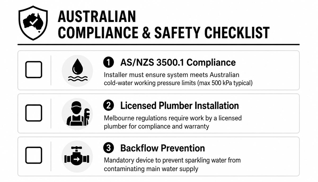An Australian compliance and safety checklist for installing a sparkling water system for residential properties.