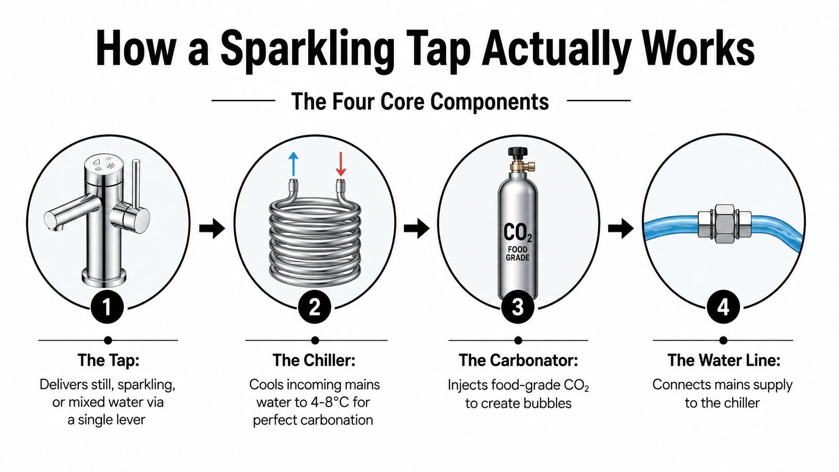 An infographic illustrating the four core components of a sparkling tap system: the tap, chiller, carbonator, and water line.