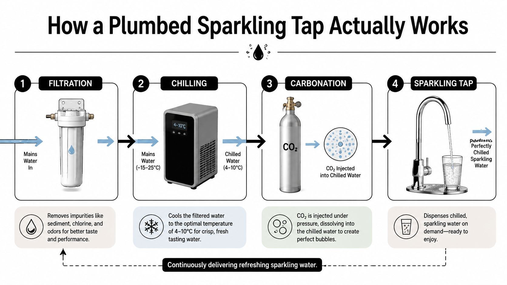 A diagram illustrating the four-step process of how a plumbed sparkling water tap system works.