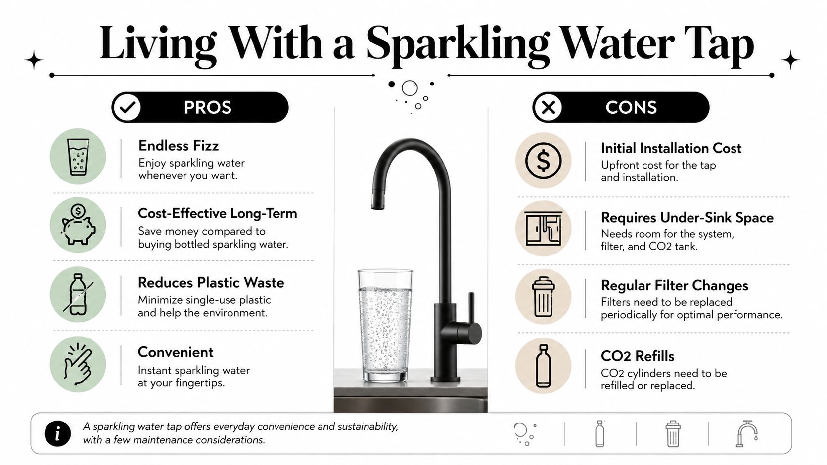An infographic illustrating the pros and cons of installing a home sparkling water tap system in your kitchen.