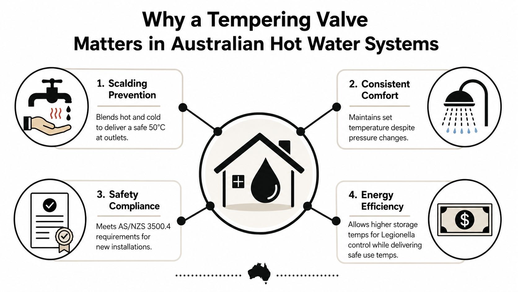 An infographic explaining four key benefits of tempering valves in Australian residential hot water systems.
