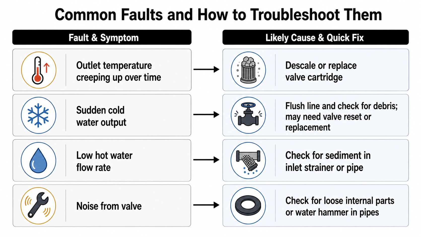 A troubleshooting chart listing common plumbing faults like temperature changes, low flow, and noise with suggested quick fixes.