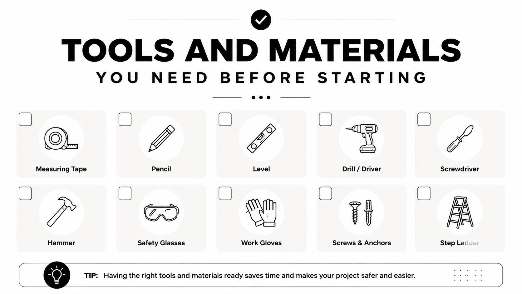 Checklist graphic showing essential tools and materials required for a home improvement project installation.