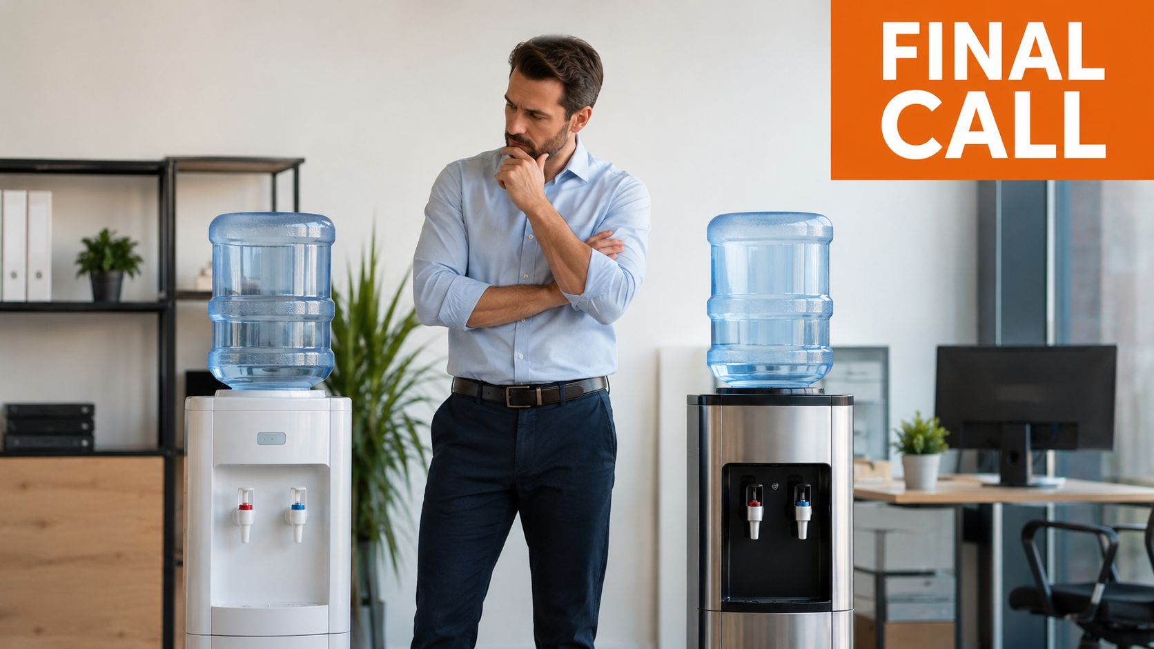 A man in a shirt standing thoughtfully between two office water coolers with a final call sign.