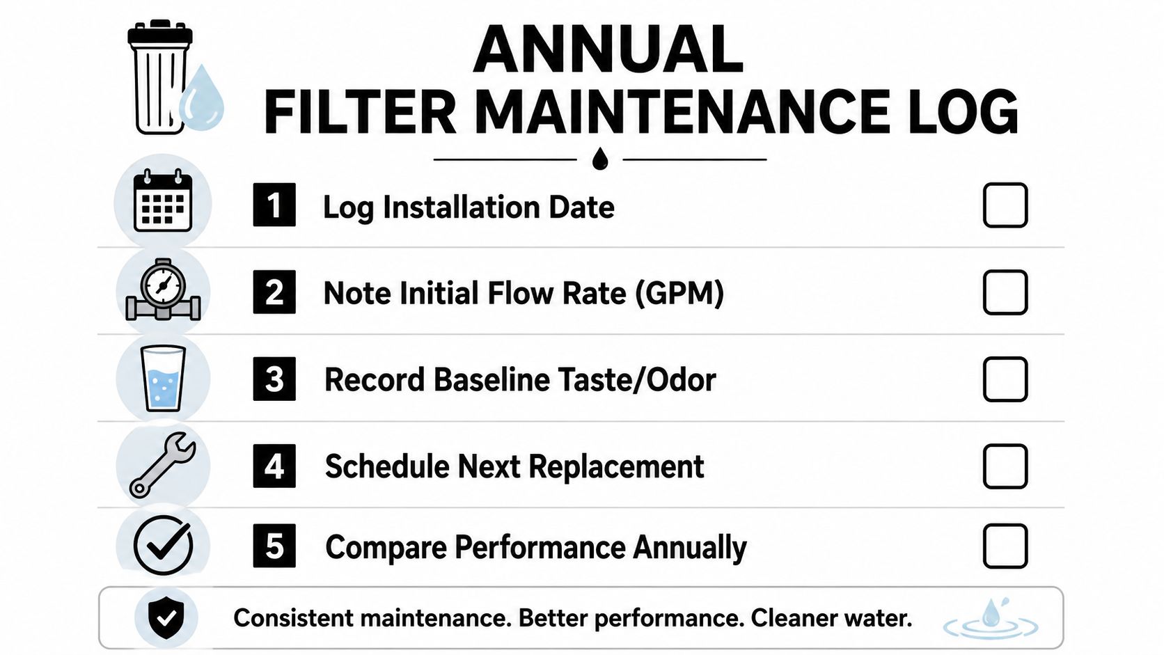 An infographic checklist for an annual water filter maintenance log featuring five essential steps.