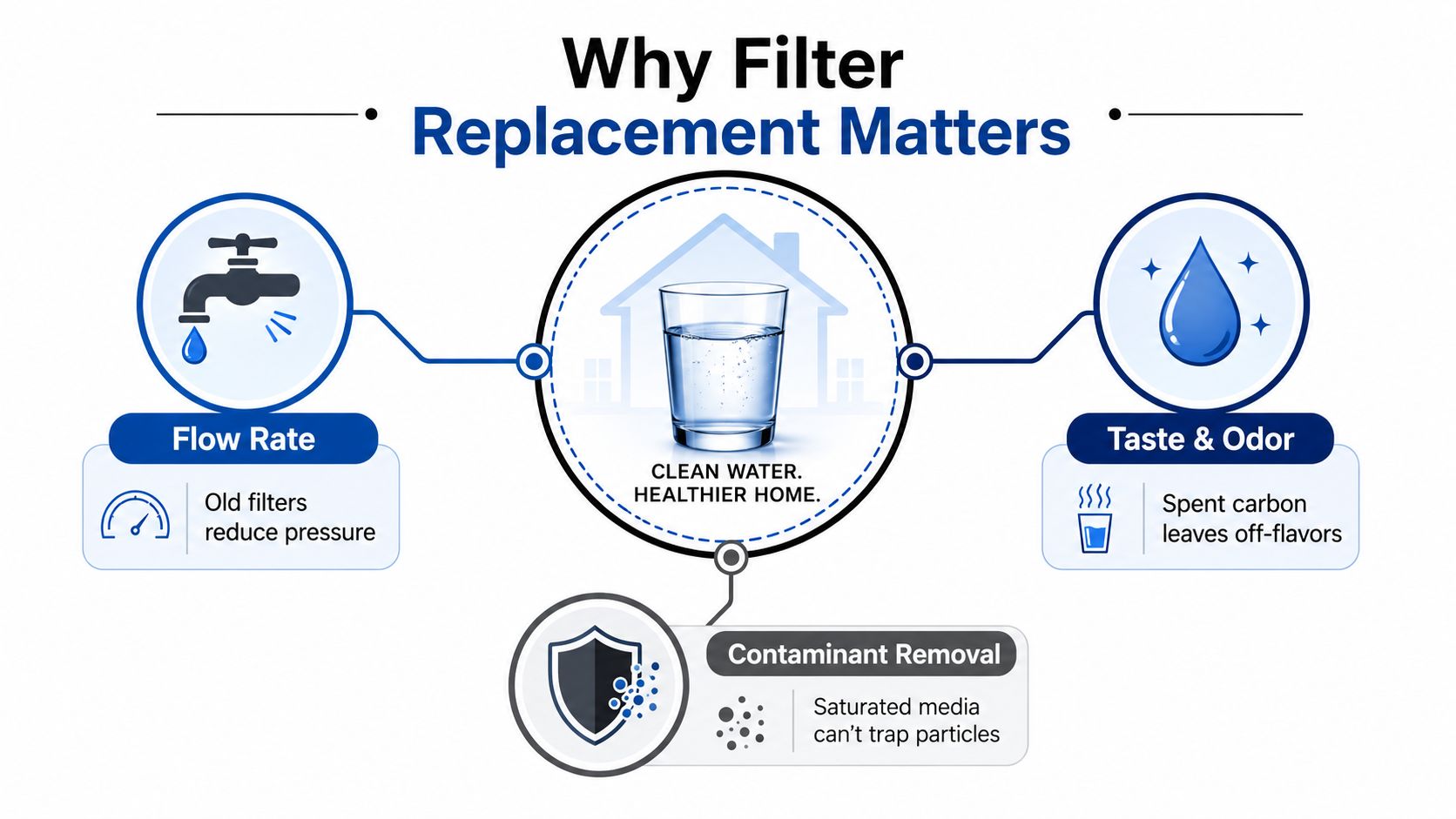 An infographic showing why water filter replacement matters for flow rate, taste, odor, and contaminant removal.