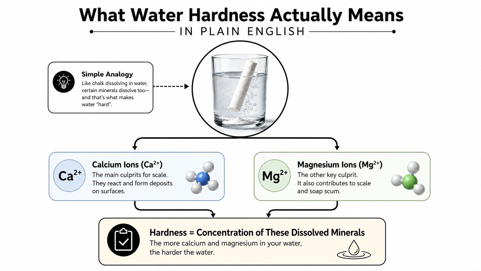 An infographic explaining water hardness through the presence of dissolved calcium and magnesium mineral ions.