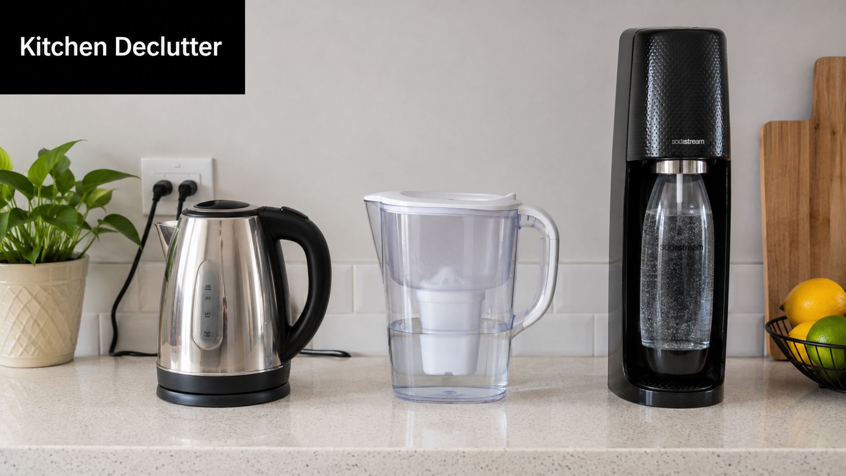 A stainless steel kettle, water filter pitcher, and a SodaStream carbonated water machine on a kitchen counter.