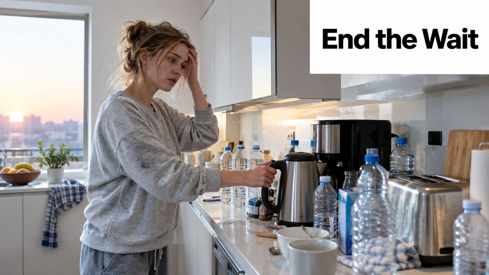 A frustrated woman in a kitchen preparing water in an electric kettle surrounded by many plastic bottles.