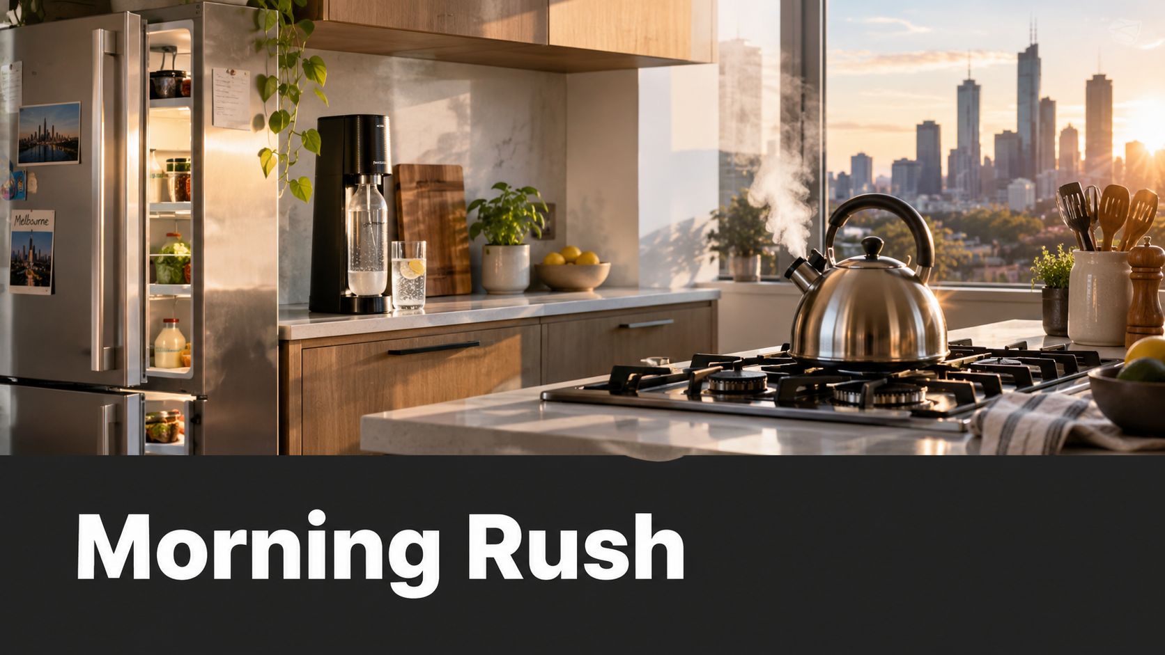 A modern kitchen at sunrise featuring a sparkling water dispenser and a steaming stovetop kettle overlooking city.