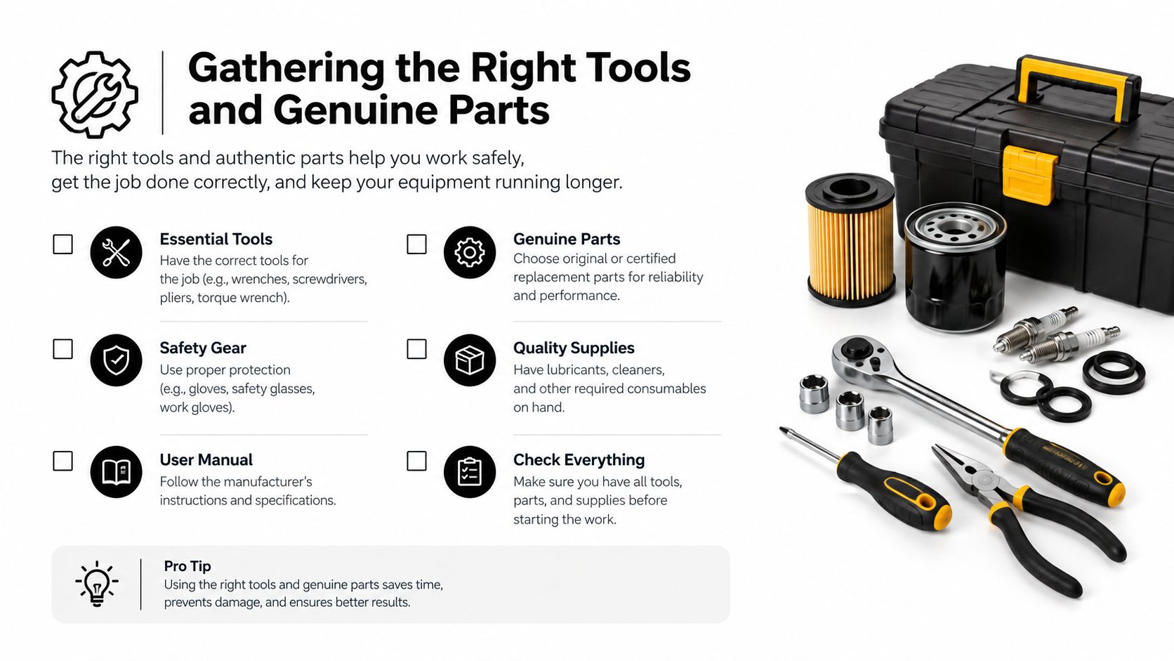 A checklist for gathering tools and genuine parts for equipment maintenance and repair, displayed with various mechanic tools.