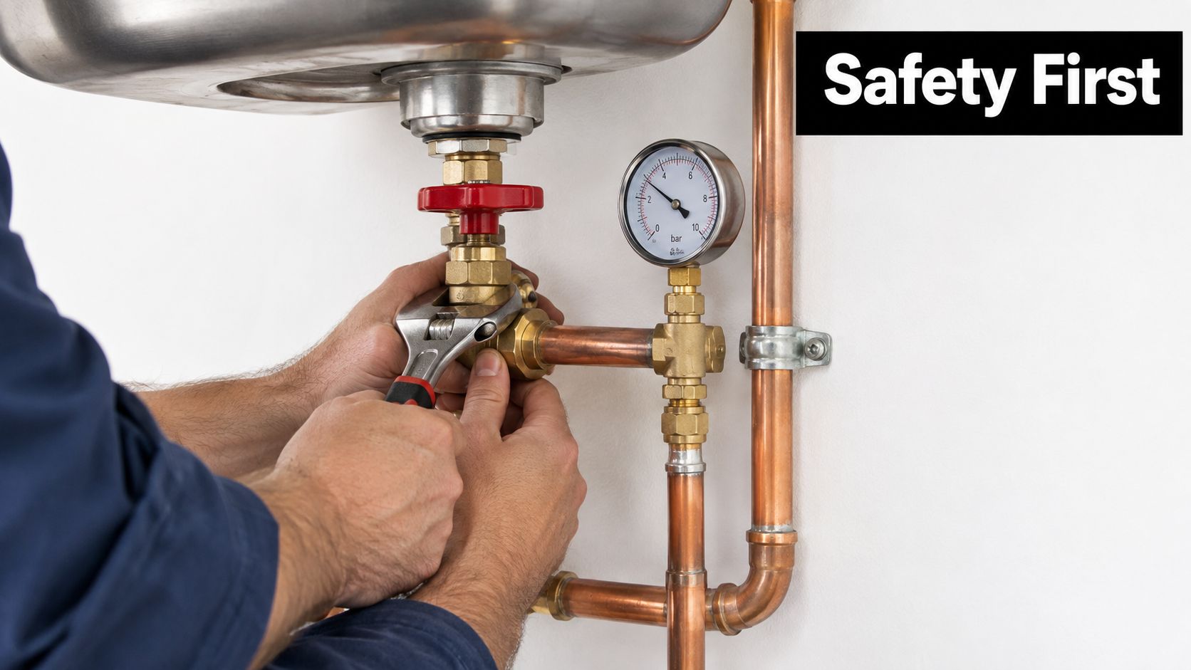 A professional plumber uses an adjustable wrench to tighten a brass valve on copper plumbing pipes.