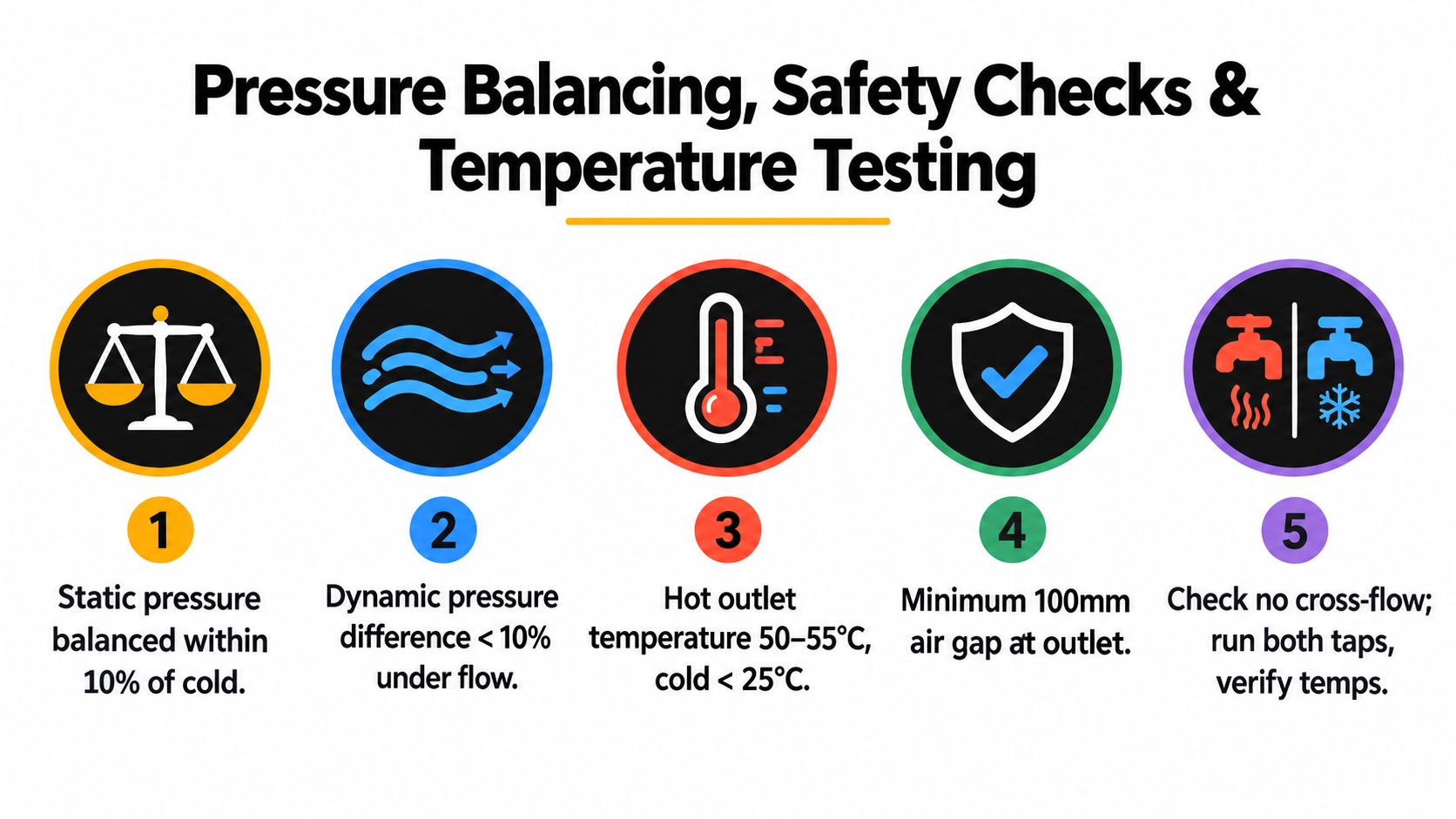 A diagram outlining five steps for performing pressure balancing, safety checks, and temperature testing on water systems.