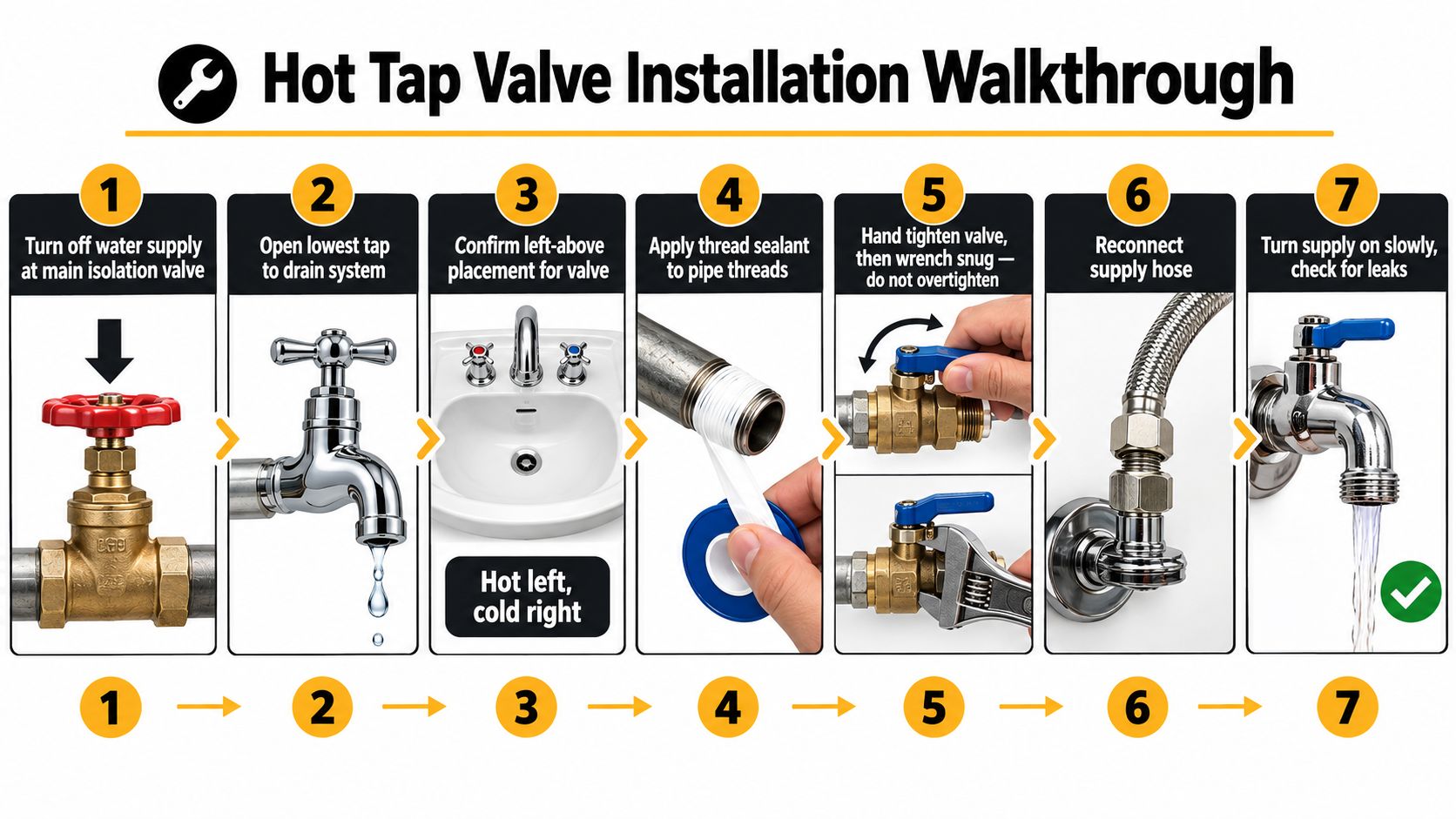 A seven-step instructional infographic showing how to correctly install a hot tap valve for a residential plumbing system.
