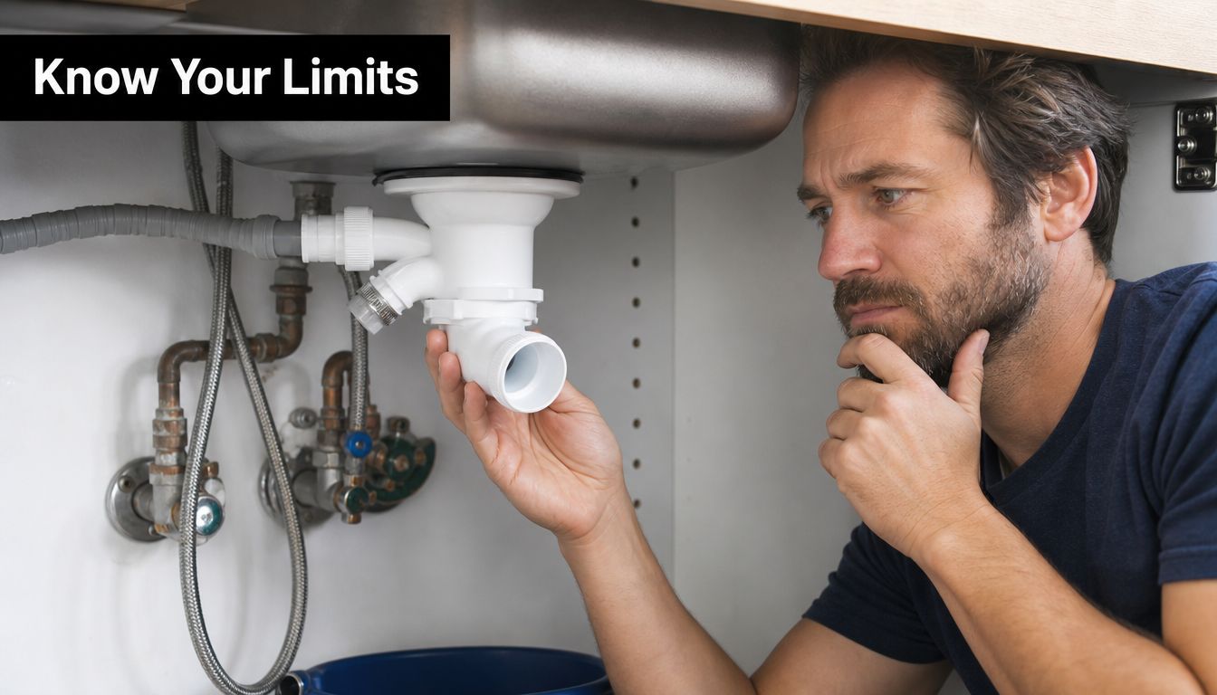 A man looking thoughtfully at plumbing components beneath a kitchen sink while considering DIY repair options.