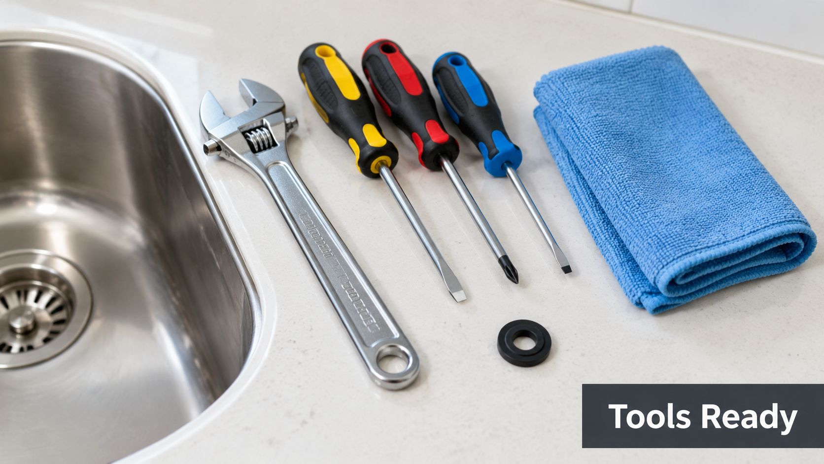 A stainless steel wrench, three screwdrivers, a rubber washer, and a blue cloth beside a kitchen sink.