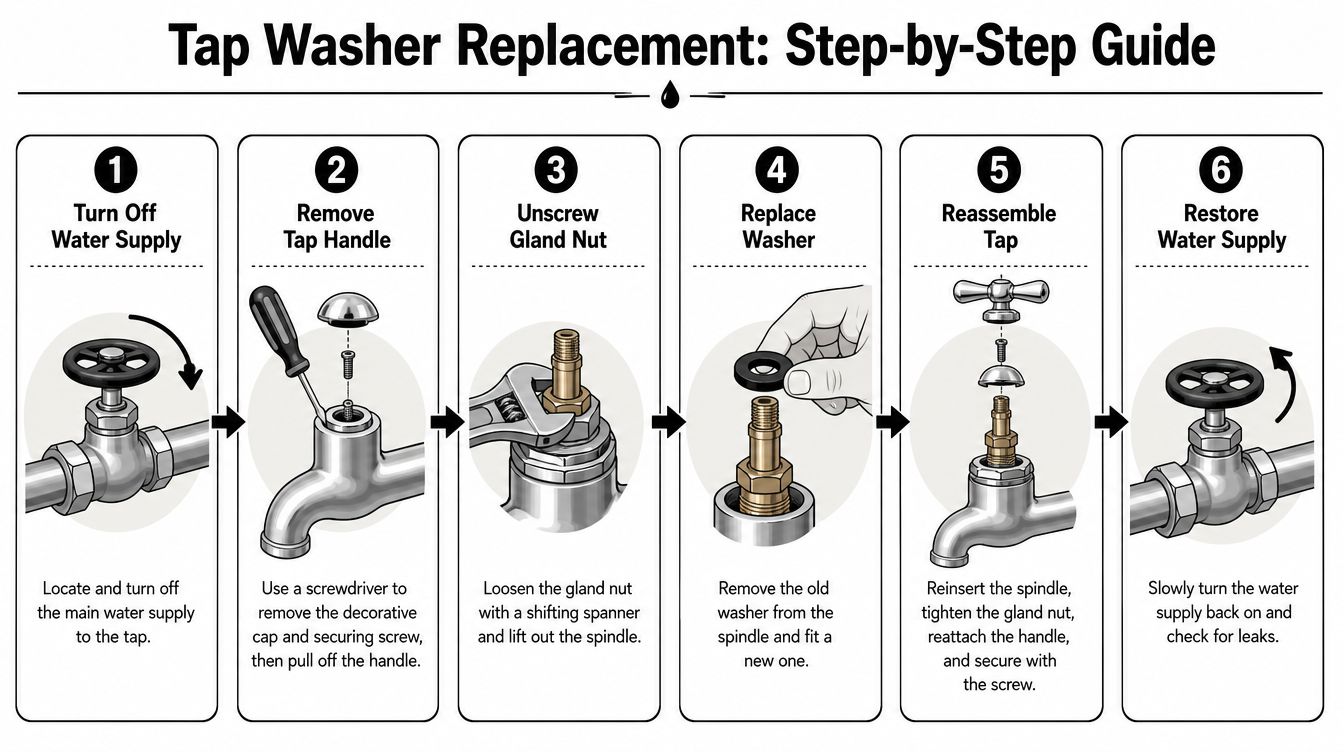 A six-step infographic guide demonstrating how to replace a faulty washer in a water tap.