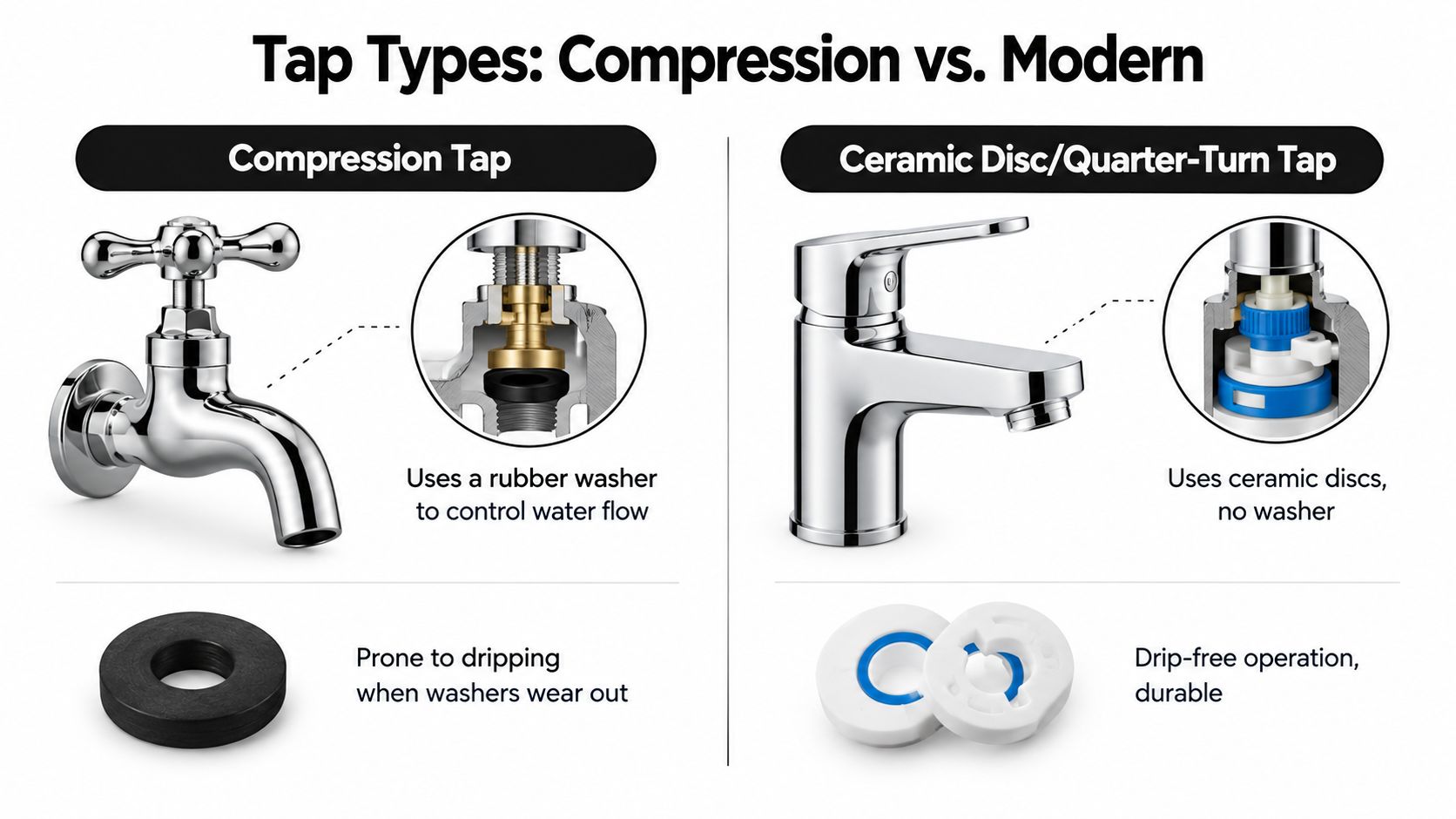 A diagram comparing traditional compression taps with rubber washers versus modern ceramic disc quarter-turn taps.