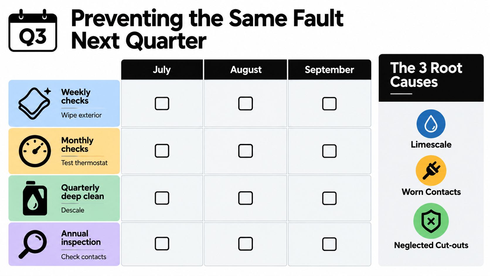 A maintenance schedule chart for Q3 detailing weekly, monthly, quarterly, and annual tasks to prevent faults.