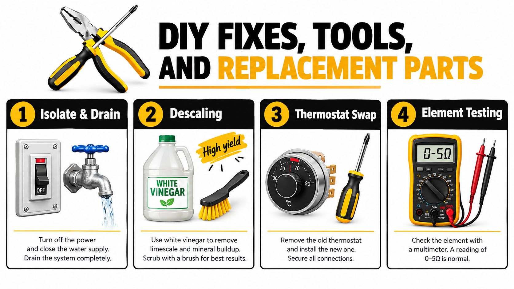 An infographic detailing four steps to repair a hot water urn including draining, descaling, thermostat replacement, and testing.