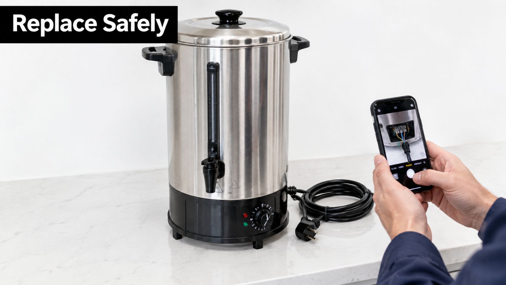A person using a smartphone to photograph the wiring inside an electric hot water urn for repair.