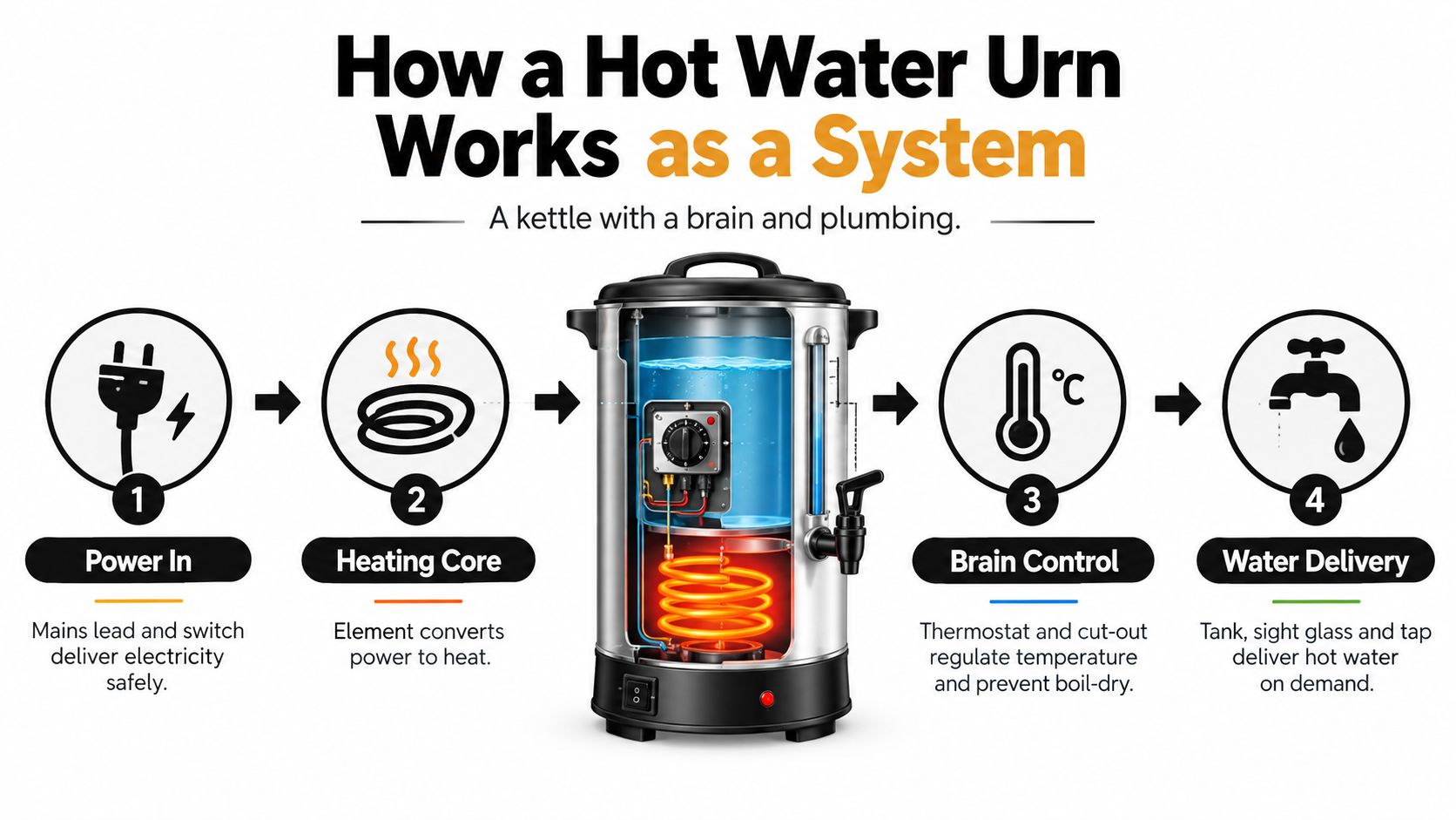 A diagram illustrating the four-step process of how a hot water urn functions as a system.