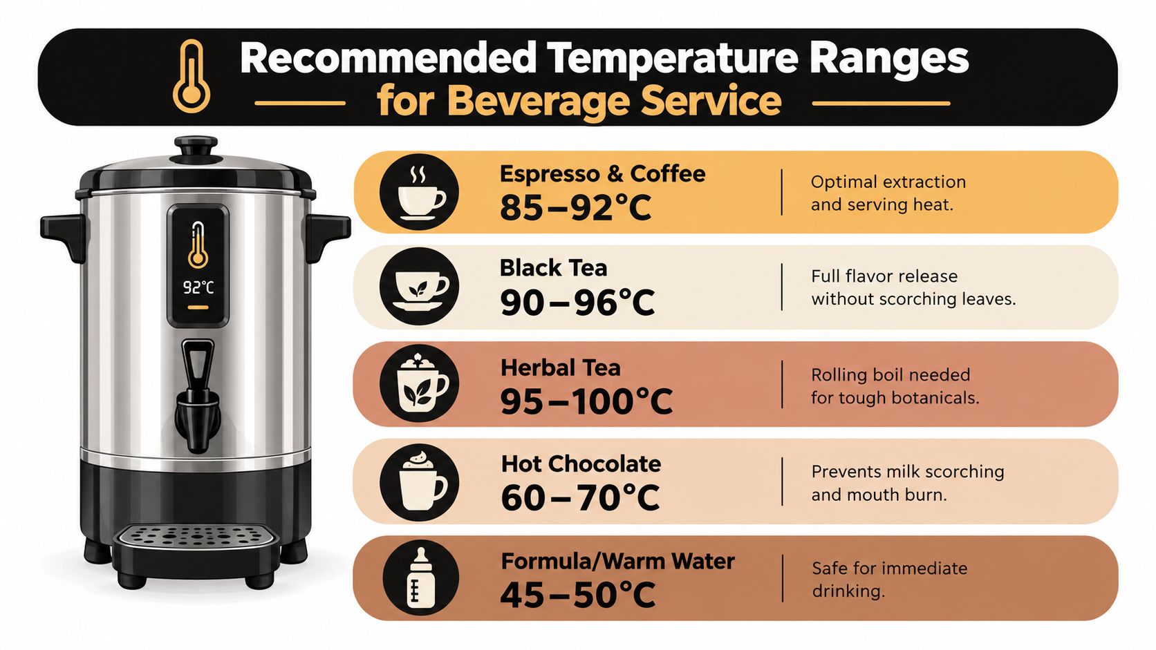 A chart showing recommended water temperature ranges for various hot beverages like coffee, tea, and hot chocolate.