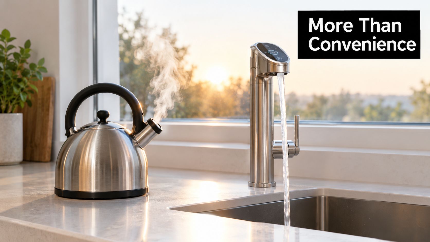 A modern kitchen faucet pouring water next to a steaming tea kettle near a sunlit window.