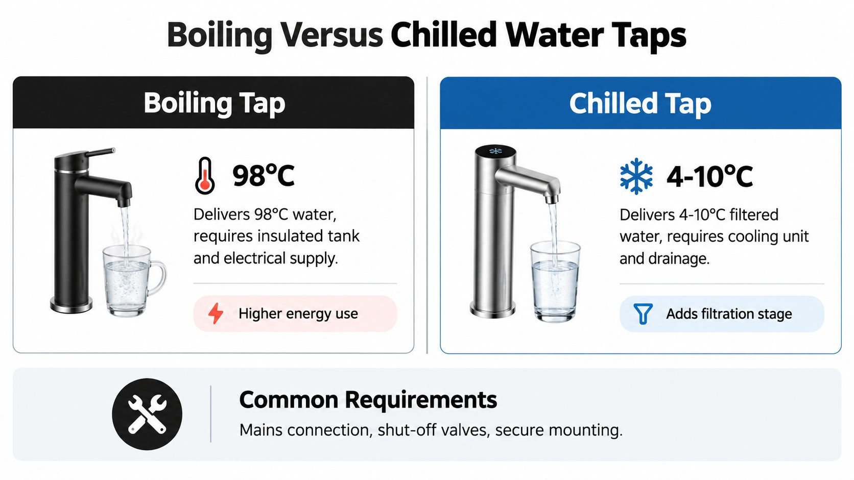 A comparison chart showing the differences between boiling water taps and chilled water taps for kitchen installations.