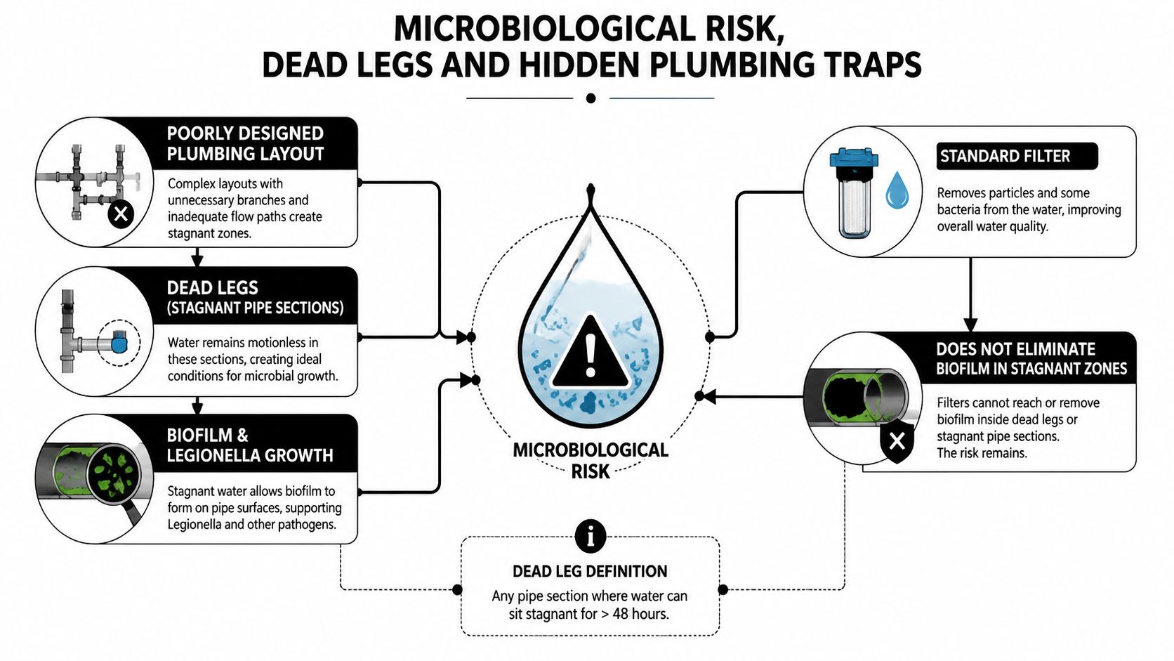 A diagram illustrating how complex plumbing layouts and dead legs in pipes create microbiological risks and biofilm growth.