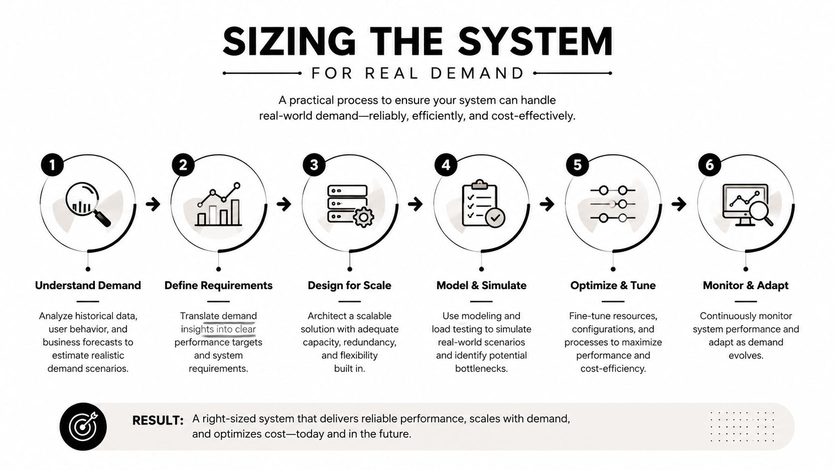 A six-step infographic process for sizing system infrastructure based on real-world demand and performance requirements.
