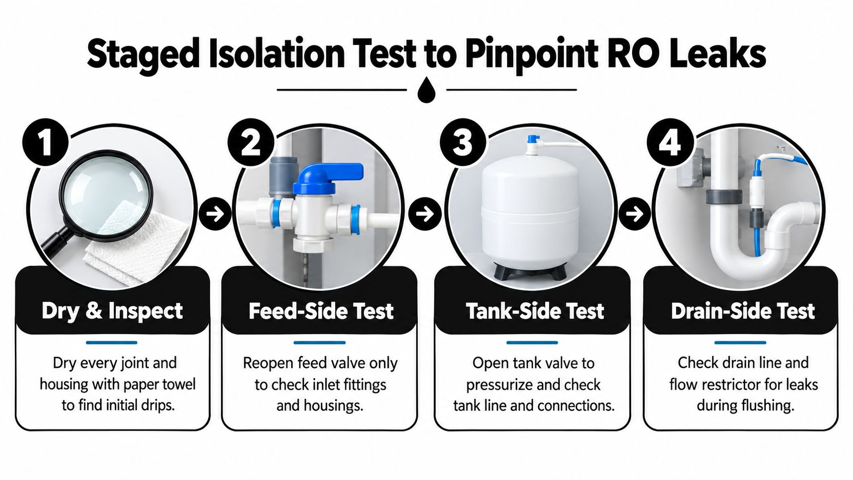 A four-step infographic illustrating a staged isolation test to troubleshoot and pinpoint leaks in reverse osmosis systems.