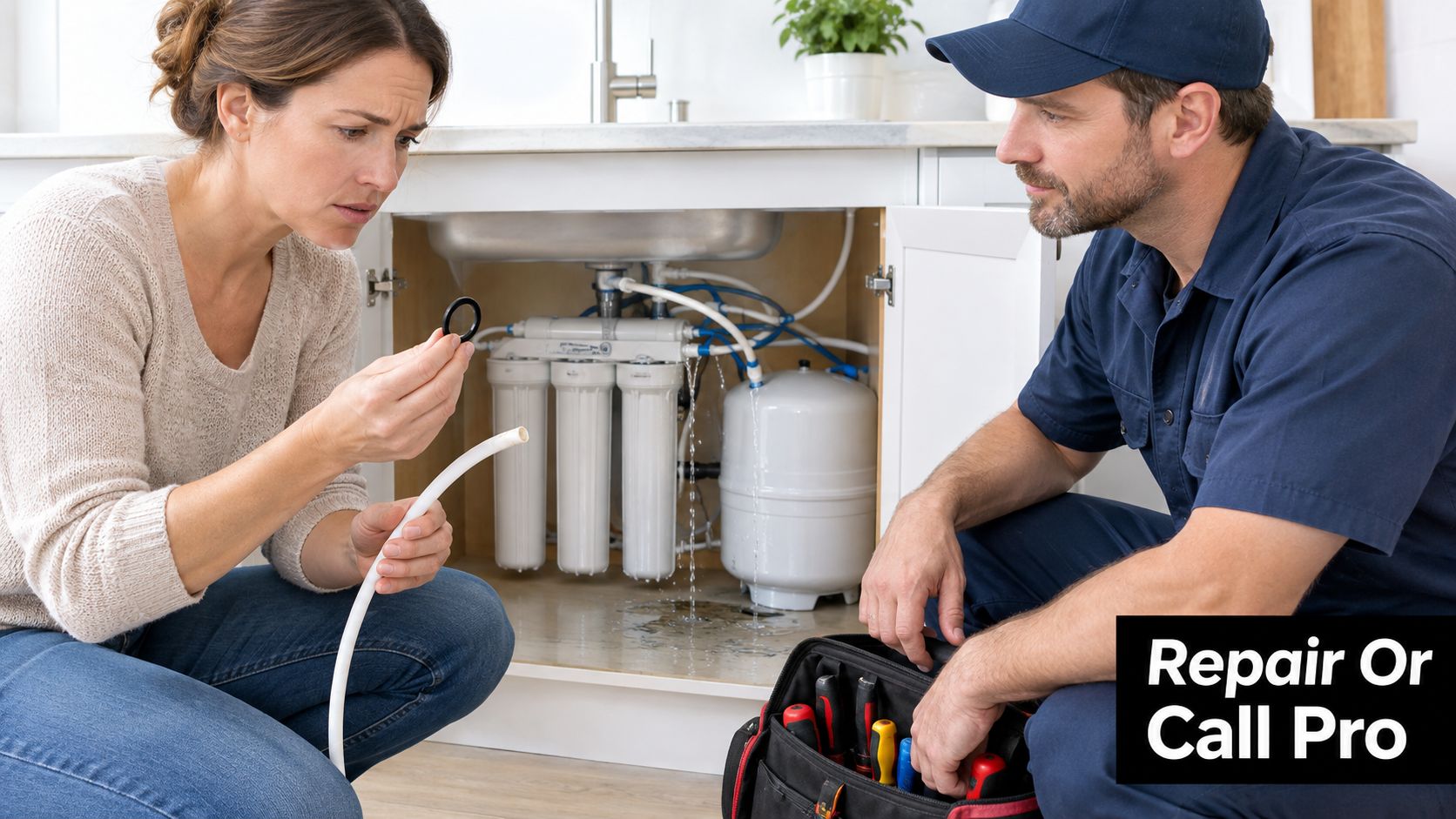 A concerned woman shows a plumber a broken ring while a reverse osmosis system leaks water underneath.
