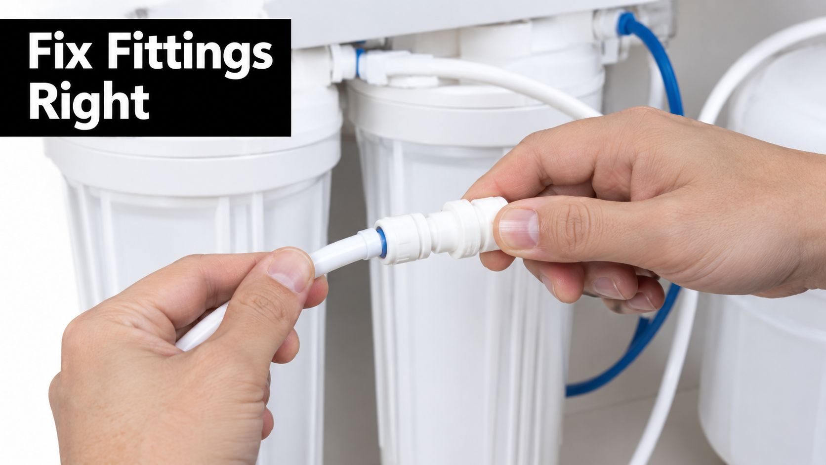 A pair of hands connecting a plastic tube to a water fitting on a reverse osmosis system.