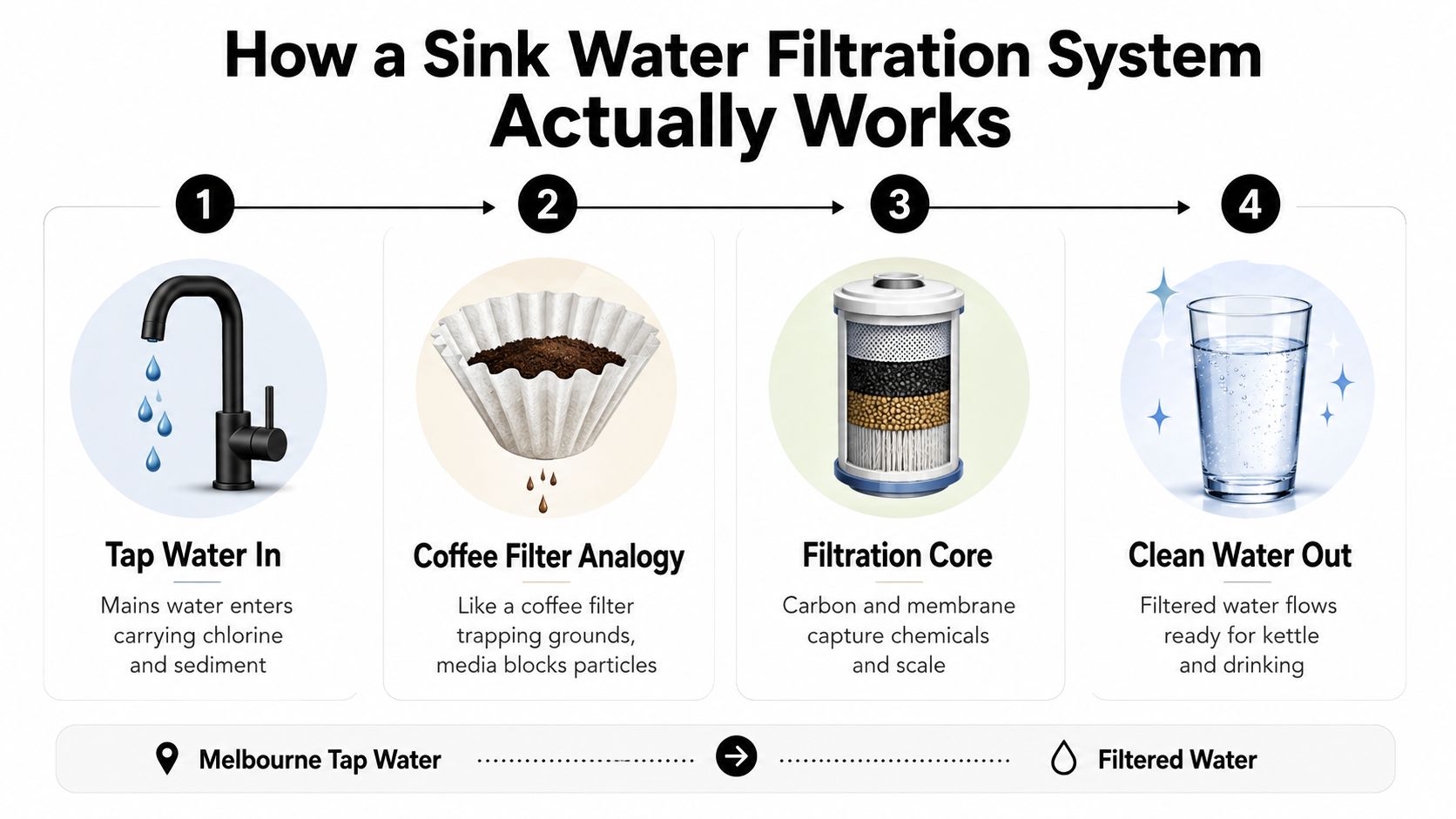 An infographic illustrating the four-step process of a sink water filtration system from tap to clean drinking water.