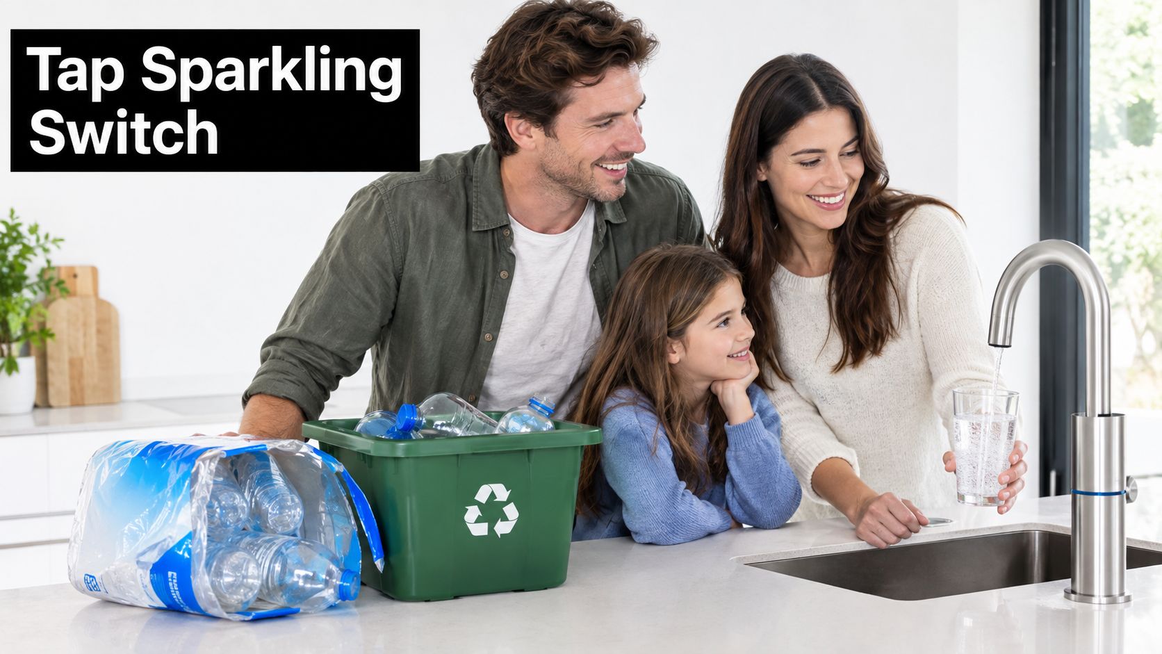 A family of three happily filling a glass with sparkling water from a modern kitchen tap.