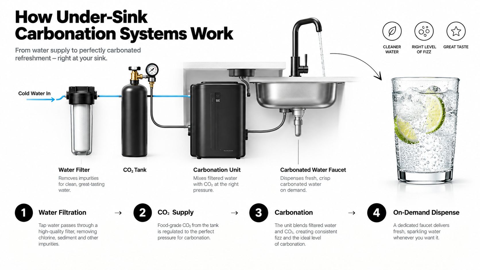 A diagram illustrating the components and process of an under-sink sparkling water carbonation system in a kitchen.
