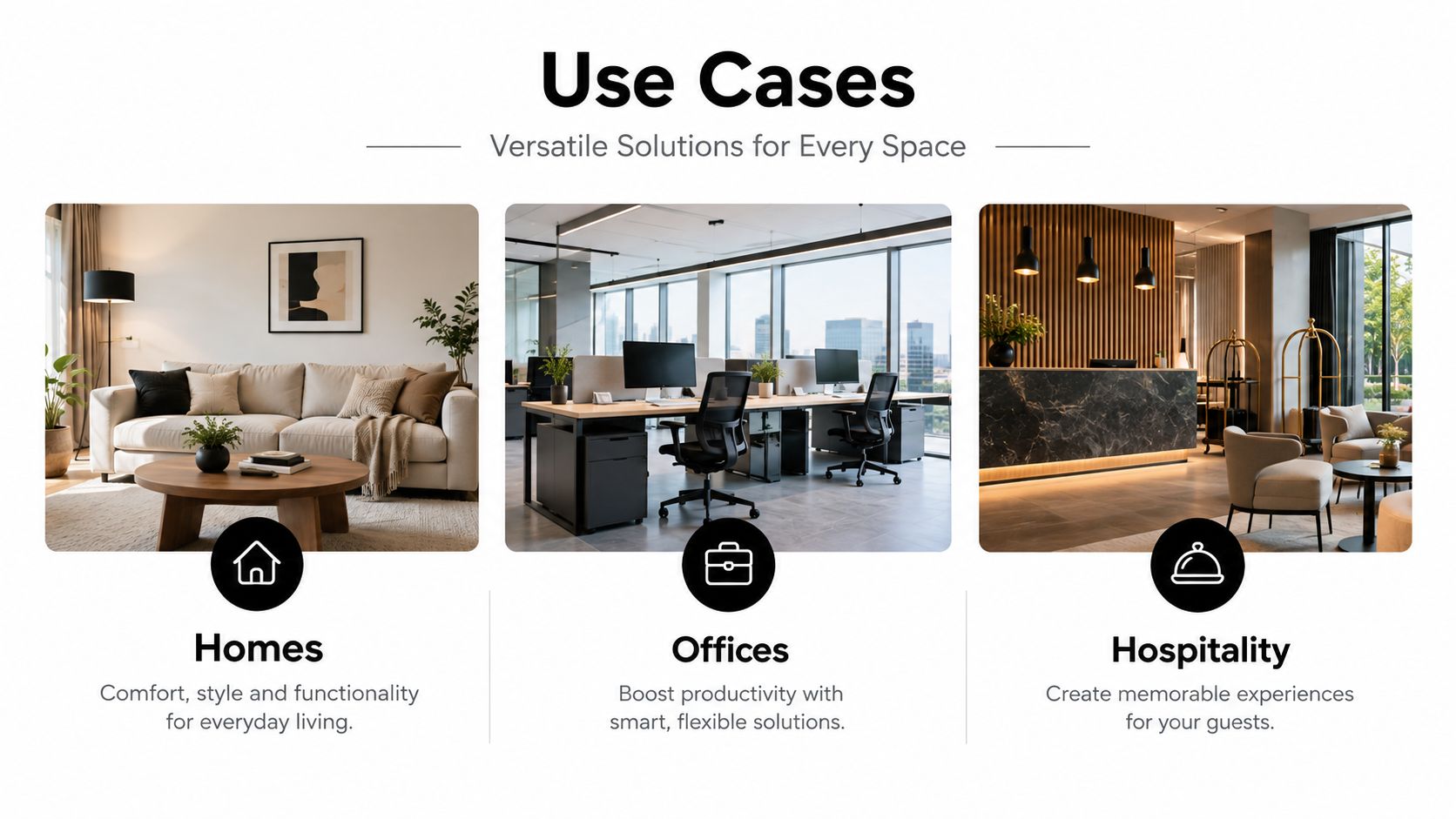 A professional infographic showcasing use cases for a product in homes, offices, and hospitality settings.