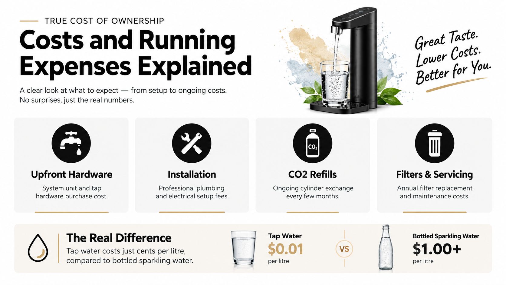 An infographic explaining the true cost of ownership, installation, and ongoing maintenance for a home sparkling water system.