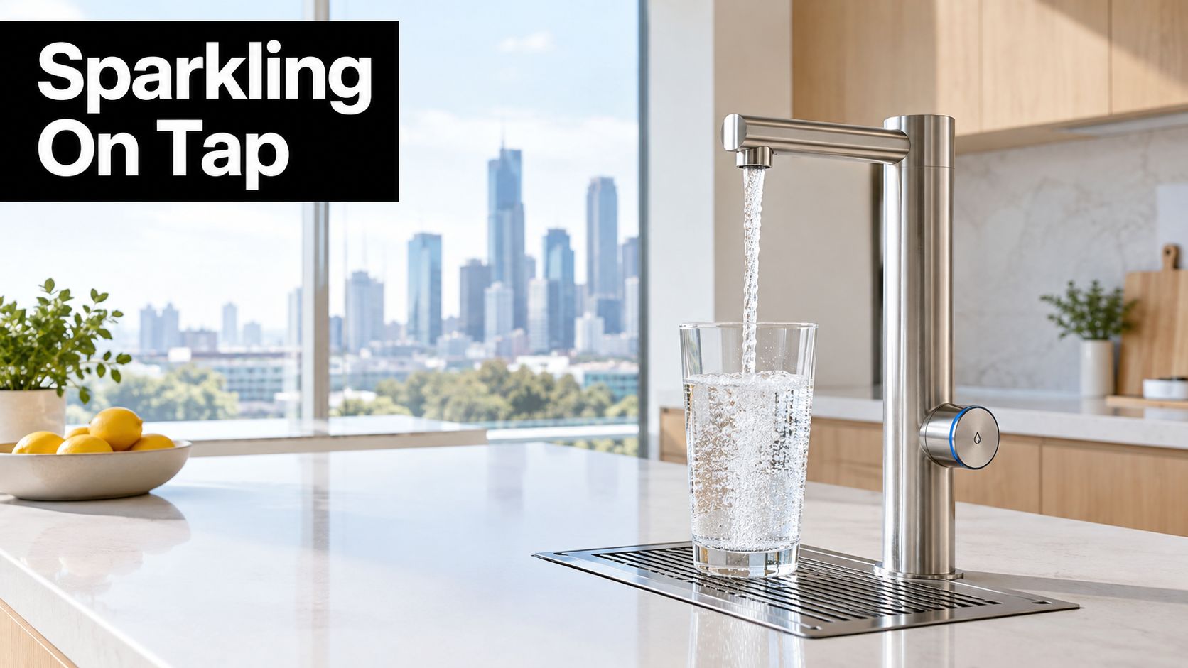 A modern kitchen faucet dispensing sparkling water into a glass on a countertop with city views.